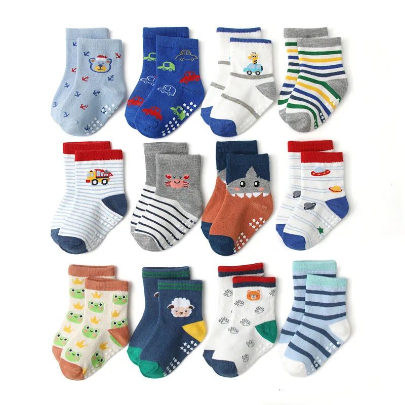 6 Pairs Boys Kids Non-Slip Socks Cute Cartoon Pattern Breathable Comfy Children Floor Socks For All Seasons