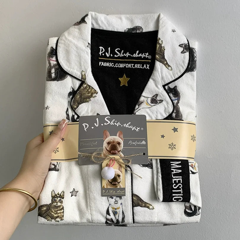 Autumn Winter Women PJS Cotton Ground Wool Sleepwear Warm Thick Cartoon Long Sleeve Pants Pajamas Ladies Homewear Month Clothes