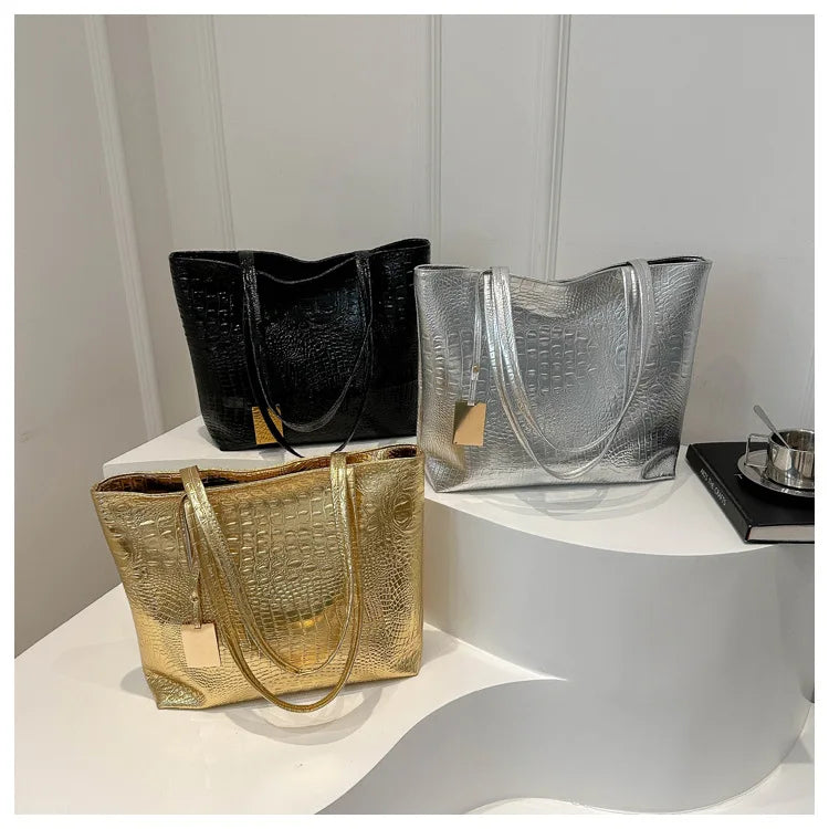Fashion Casual Women Shoulder Bags Silver Gold Black Crocodile Handbag PU Leather Female Big Tote Bag Ladies Shopping Bag