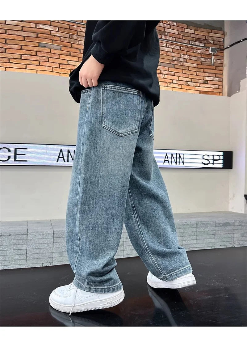 Boys Jeans Pants Spring Kids Wide Leg Straight Trousers Autumn Loose-Fit Casual Trousers Children's Trendy Sweatpants Pant 5-14Y