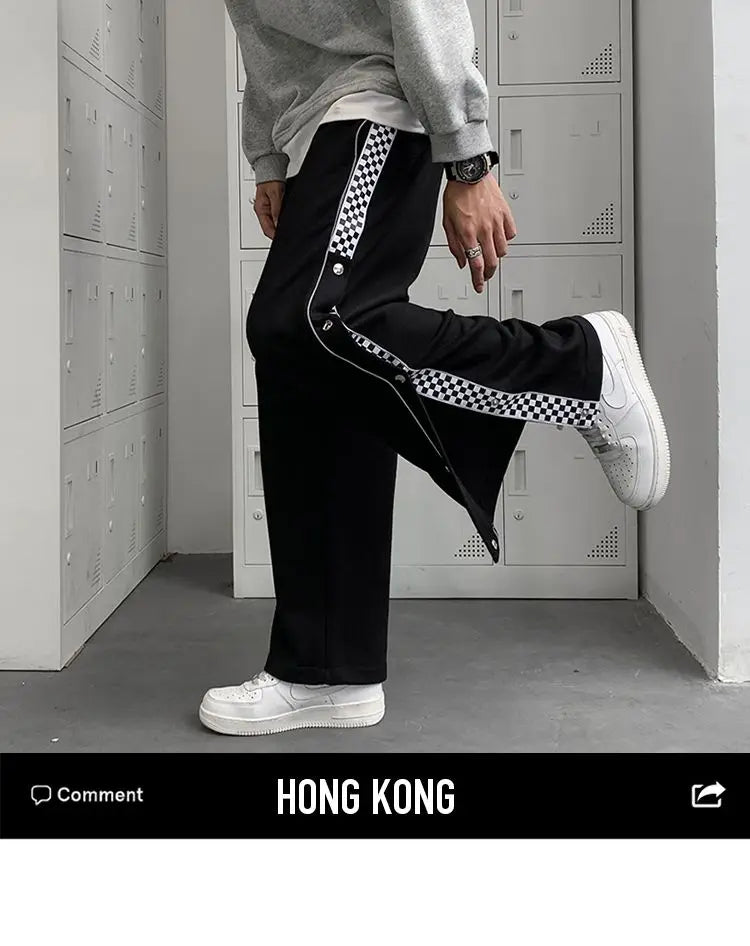 Split Reflective Stripe Casual Pants Unisex Trendy Patchwork Button Pants Spring Summer Straight Loose Sports Pants