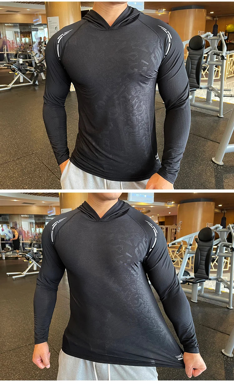 Gym Men T Shirt Casual Long Sleeve Slim Tops Tees Elastic T-shirt Sports Fitness Thin Comfort Breathable Quick Dry Hooded