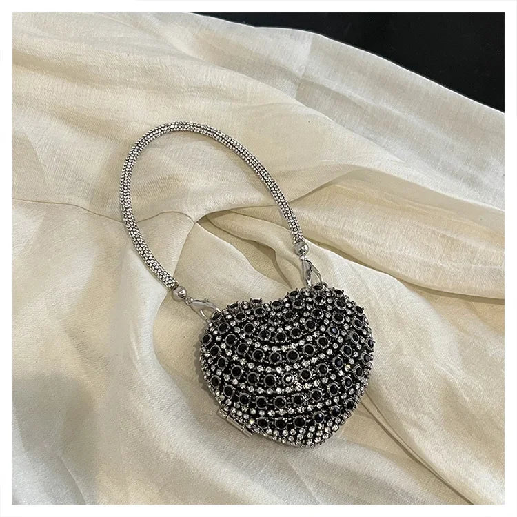 Luxury Mini Diamond Inlay Heart Shape Crystal Clutch Purse Stones Evening Wedding Party Shoulder Bag Handle Rhinestone Handbags