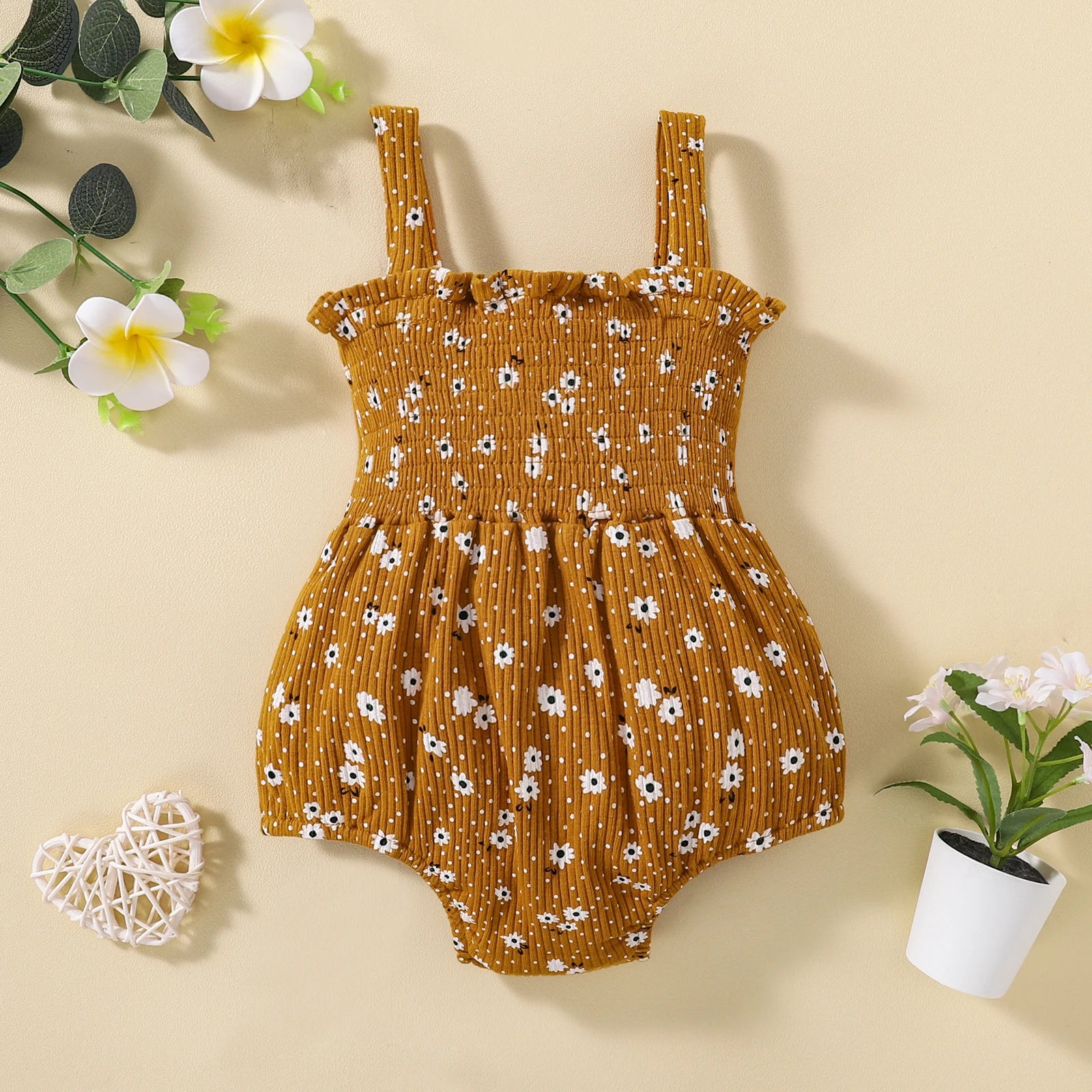 Summer Newborn Ribbed Bodysuit, Baby Girls Sleeveless Flower & Dot Print Jumpsuits with Bow Elastic Playsuits