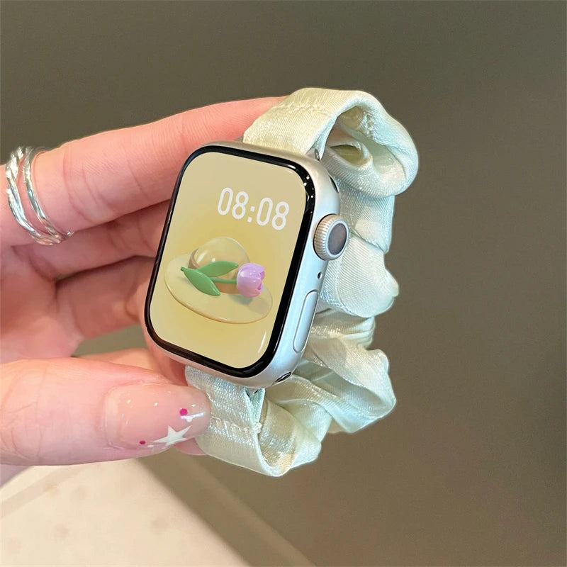 INS Chiffon Ice Silk Elastic Scrunchie Strap For Apple Watch 7 8 6 5 4 Slim Girl Band Loop Bracelet For iWatch 41mm 40 44 45 49