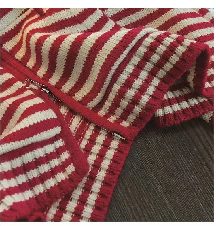 Oversized Knitted Striped Hooded Cardigan Women Autumn Winter Loose Casual Zipper Sweaters Versatile Knitting Outerwear