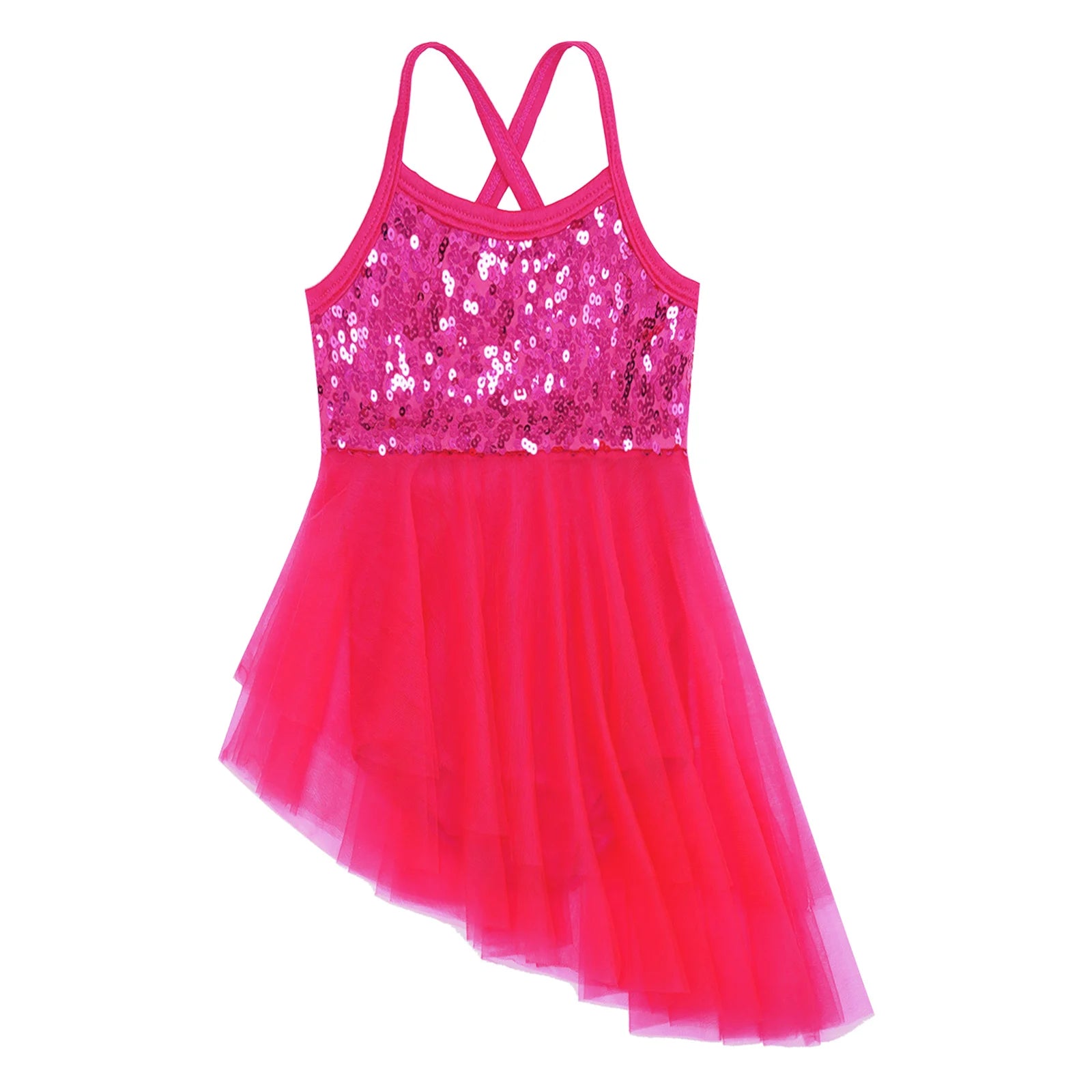 Girls Ballet Dress Lyrical Dance Gymnastics Skating Stage Performance Costume Shiny Sequin Mesh Tulle Leotard Tutu Dancewear