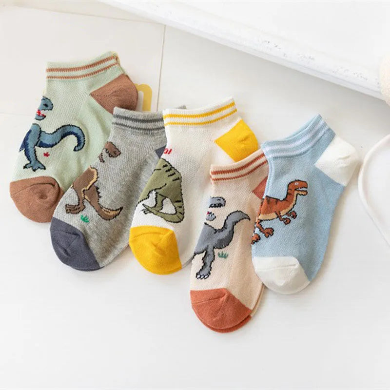 5 Pairs Boy's Dinosaur Pattern Socks Comfortable Breathable Casual Soft Kids Socks