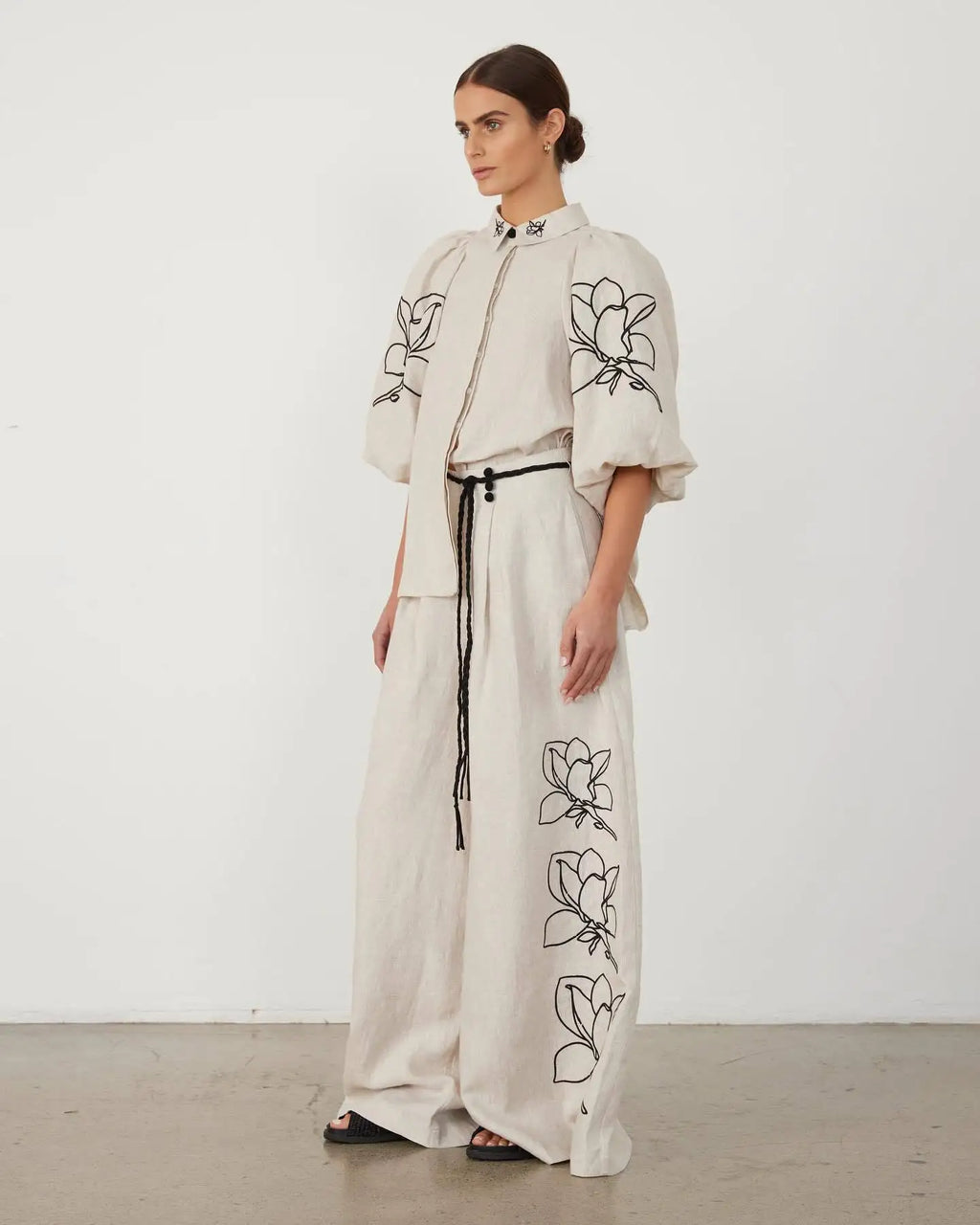 Women Lounge Sets Cotton Linen Stand Collar Lantern Sleeve Loose Flower Tops Wide Leg Oversize Pants Suit Casual Women Outfits