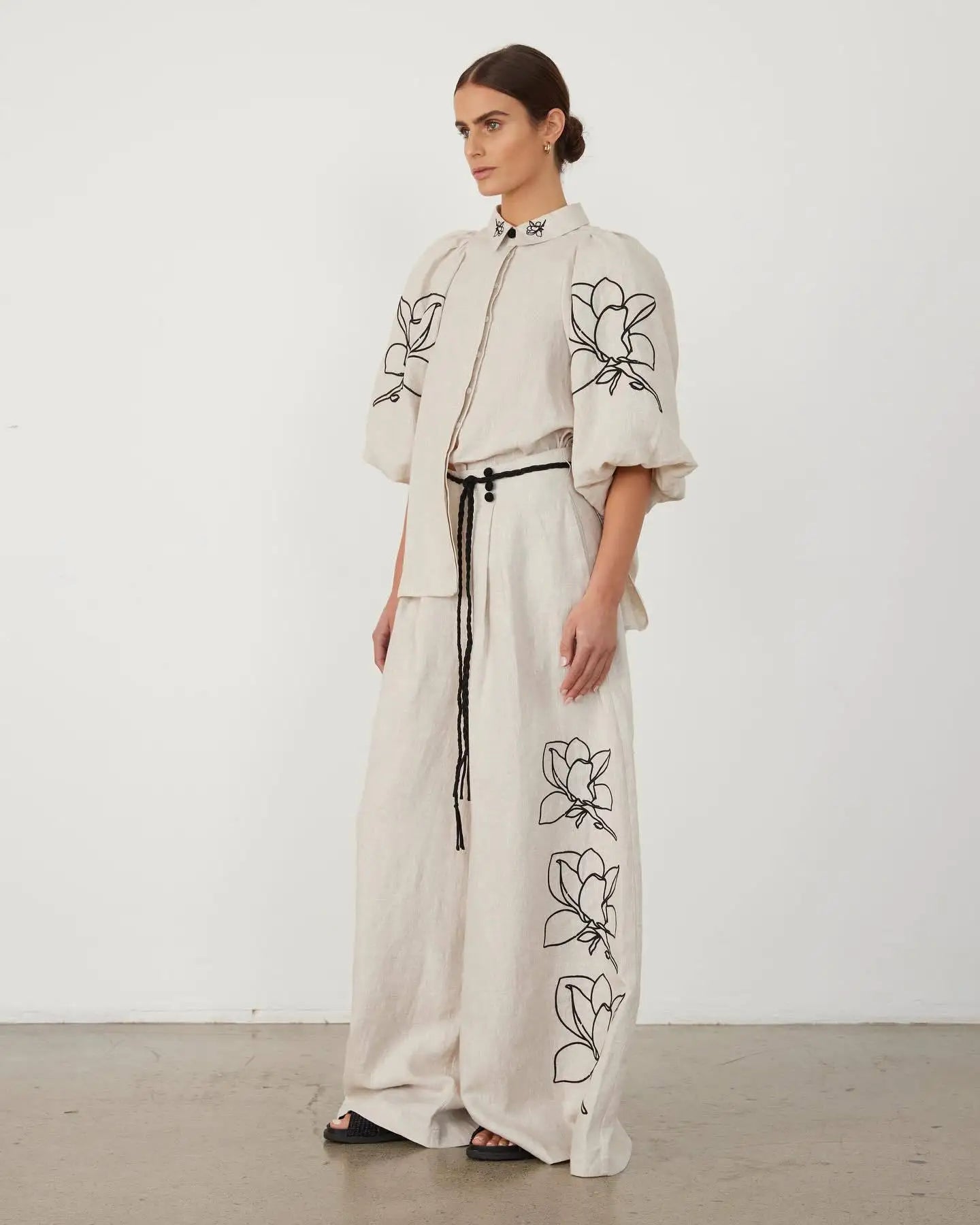 Women Lounge Sets Cotton Linen Stand Collar Lantern Sleeve Loose Flower Tops Wide Leg Oversize Pants Suit Casual Women Outfits