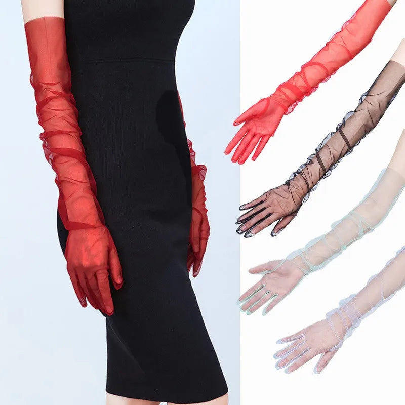 Women Long Sheer Tulle Gloves for Bridal Wedding Accessories Party Transparent Finger Gloves