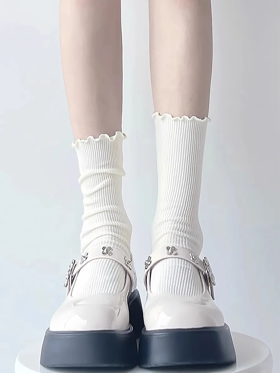 Fashion New Ruffle Socks for Women Mid Crew Middles Tube Ankle High Breathable Cotton Socks Black White Beige Female Cute Sock