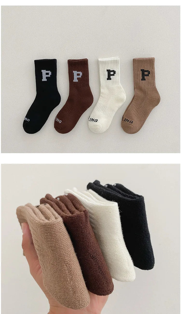 Korean Fashion Letter Socks Children Knit Cotton Middle Tube Socks Boys Girls School Casual Sports Socks 1-8years Old
