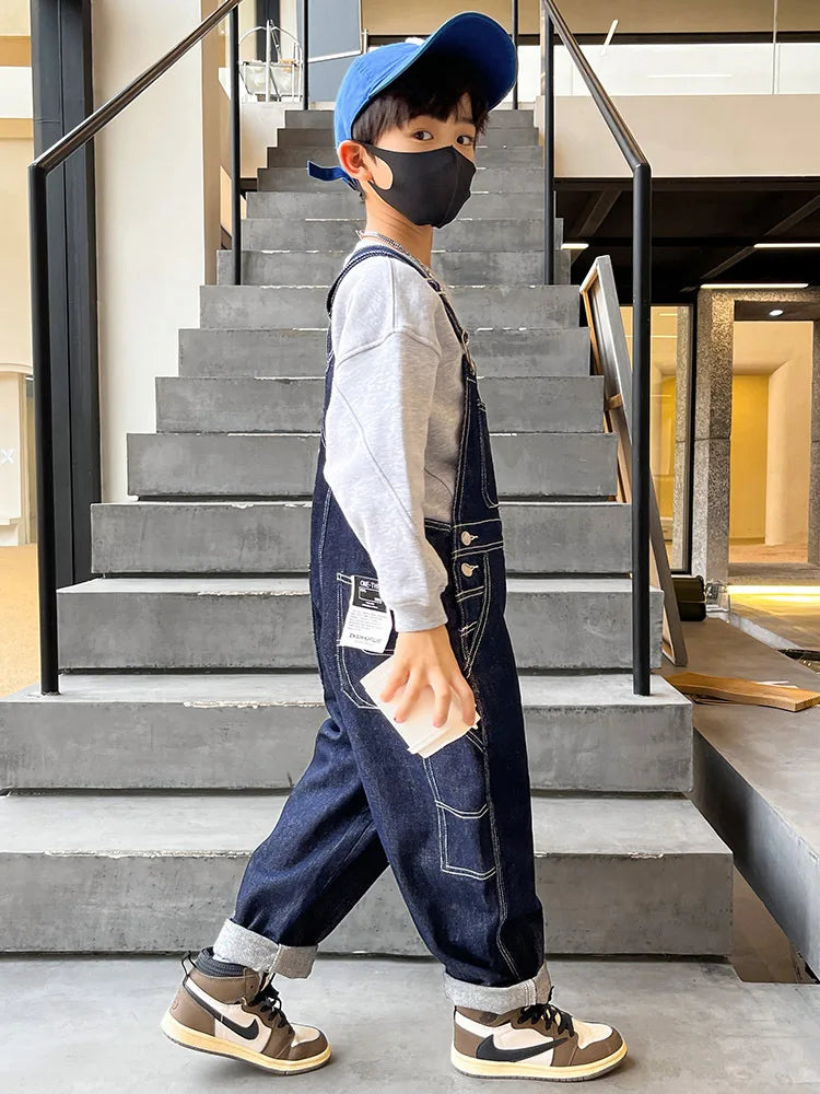 Boys Denim Jumpsuit For Kids Dungarees Overalls Streetwear Children Causal Jeans with Straps Suspenders 5 6 7 8 9 10 11 12 13 14