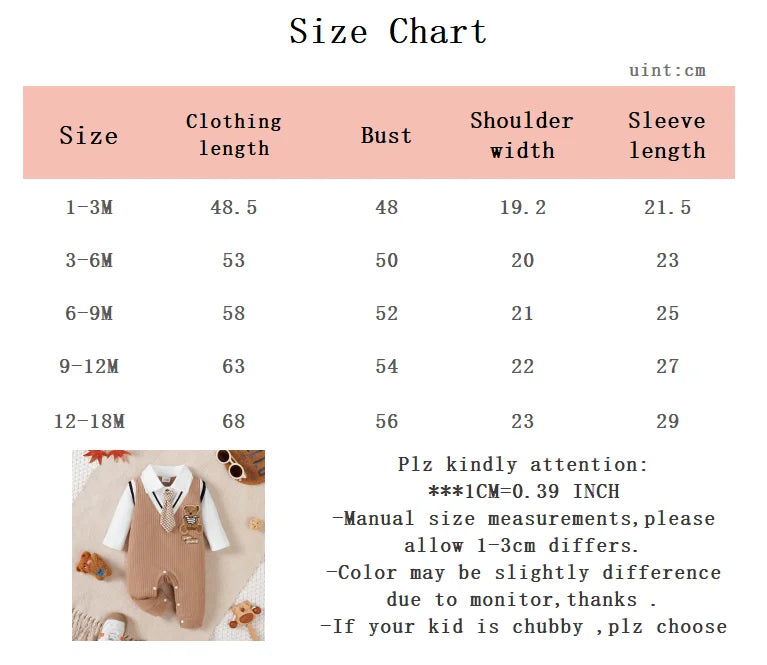 Baby boy Small Gentleman Jumpsuit Cartoon Teddy Bear Long sleeves Jumpsuit  for 0-18 Month Baby boys' Birthday Party Costumes