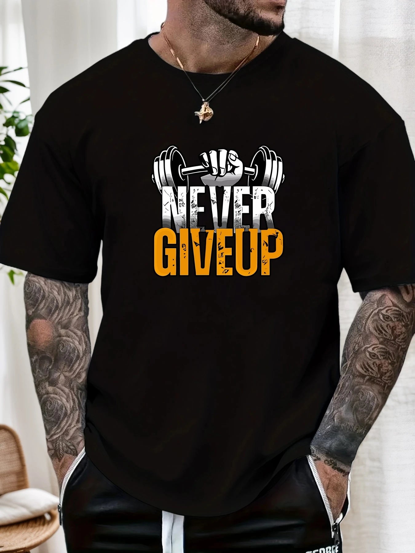 Men's Gym T-shirt Never Give Up Print Short Sleeve Soft Oversized Fitness Daily Wear