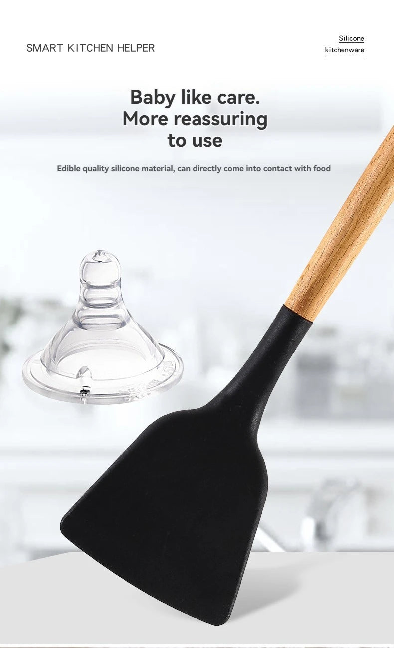 Kitchen Tools Set Wooden Handle Nonstick Pan Food Grade Cooking Silicone Storage Kit Stir Fry Baking Kitchen Set