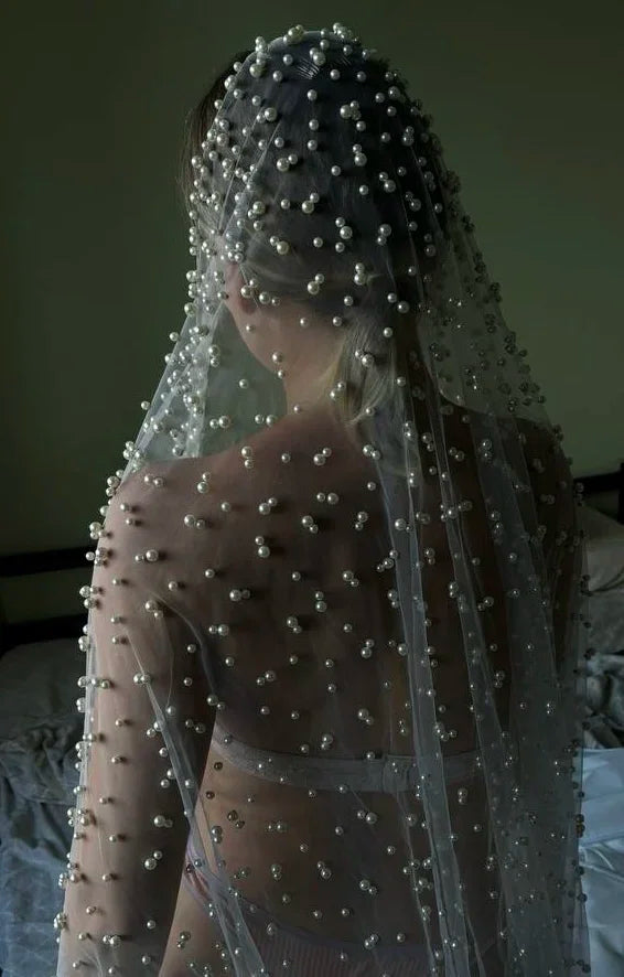 1Tier Wedding Veil With Pearls Long Luxury Bridal Veil with Comb Scattered Dense Pearls Cascading Mantilla Cathedral Custom Veil