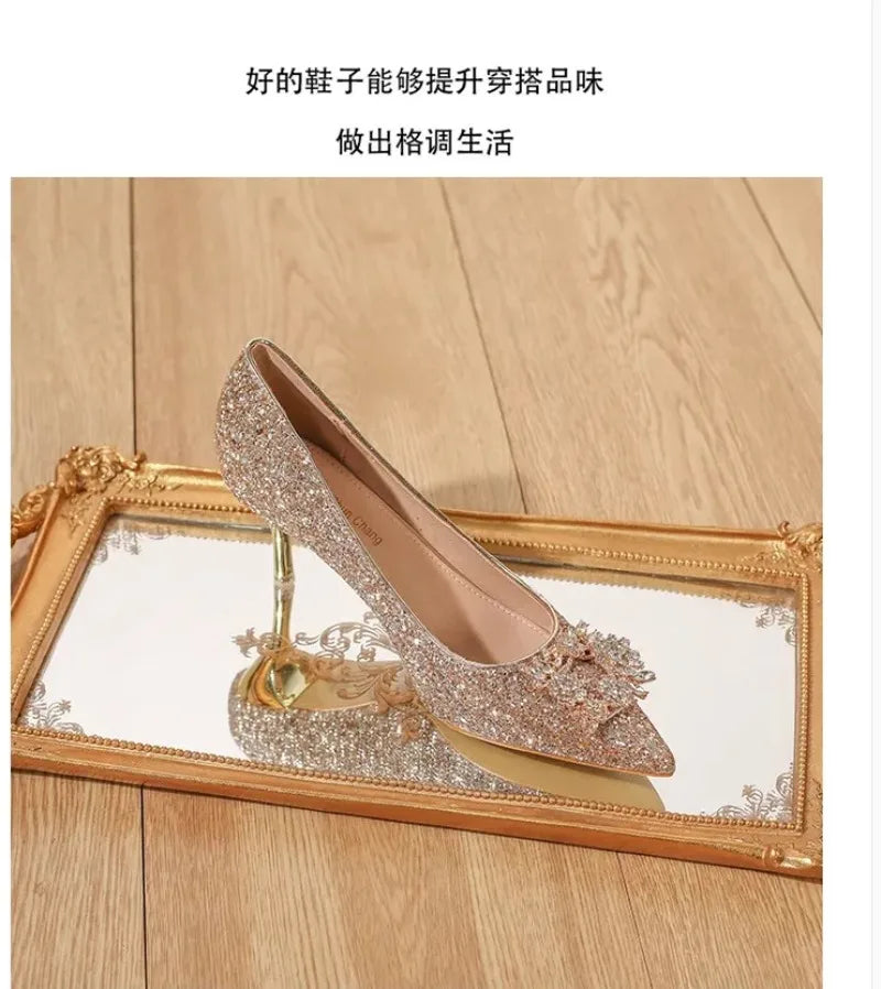 Womens High Heel Shoes Fad Elegant Crystal Pointed Toe Pumps Retro Shallow Mouth Banquet Party Wedding Women Shoes Zapatos Mujer