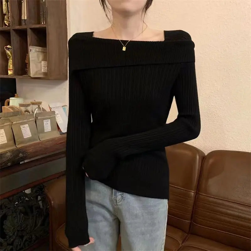 Solid Sexy Slim Off Shoulder Slash Neck Long Sleeve Knitting Sweater  Women Jumpers Office Fashion New