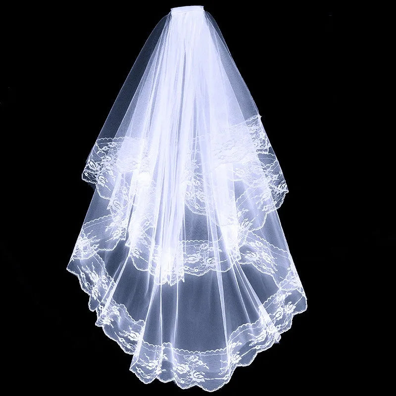 Women Halloween Bridal Wedding Veil with Lace Edge Marriage 2 Tier Tulle Bridal Veils