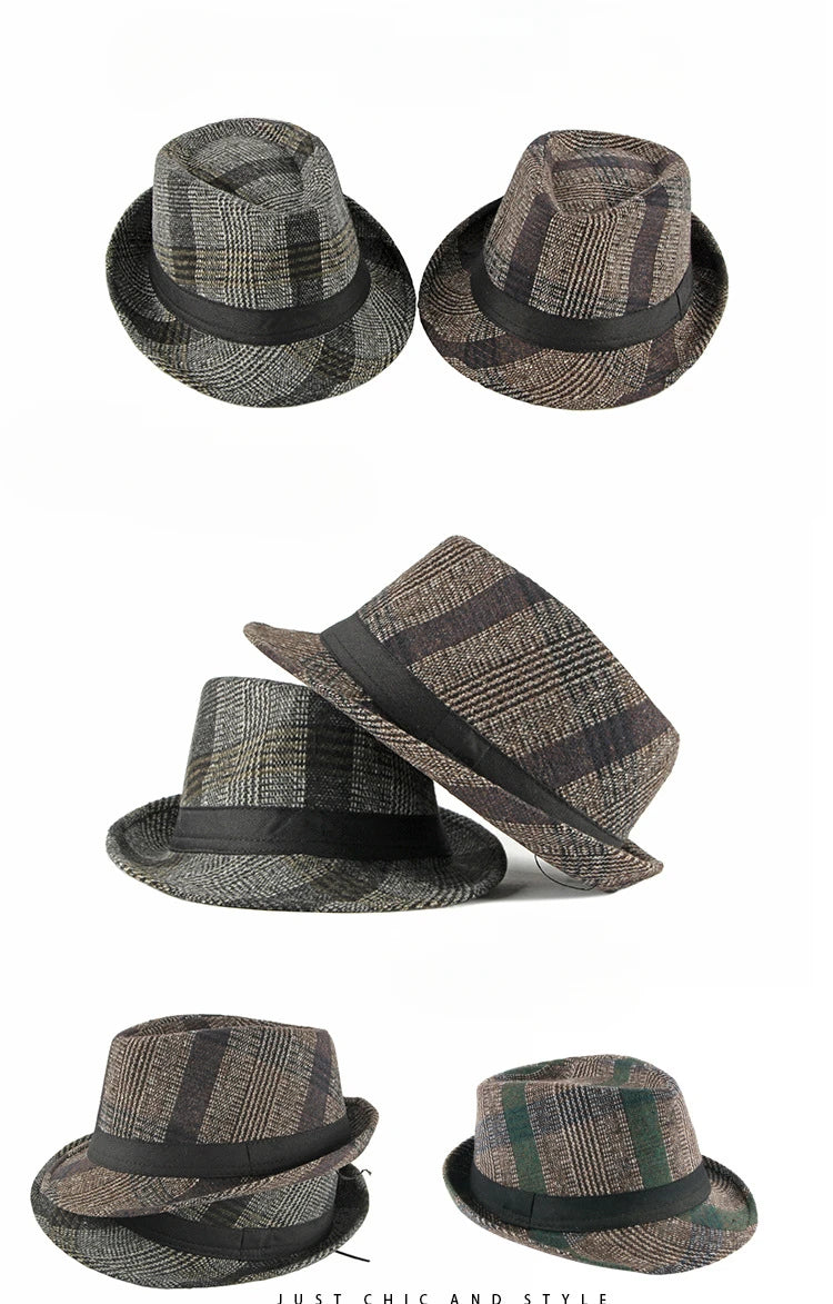 Spring Summer New Vintage Checked Top Hat Men's Middle-aged and Elderly Woolen Gentleman's Hat Jazz Hat