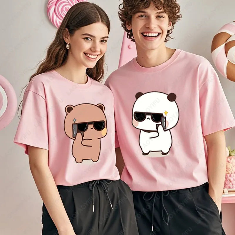 Kawaii Bubu Dudu Couple Shirt Bear Panda Are Spy Love Things Couple Do Tshirt Cute Matching Cotton T-shirt Man Woman Casual Tees