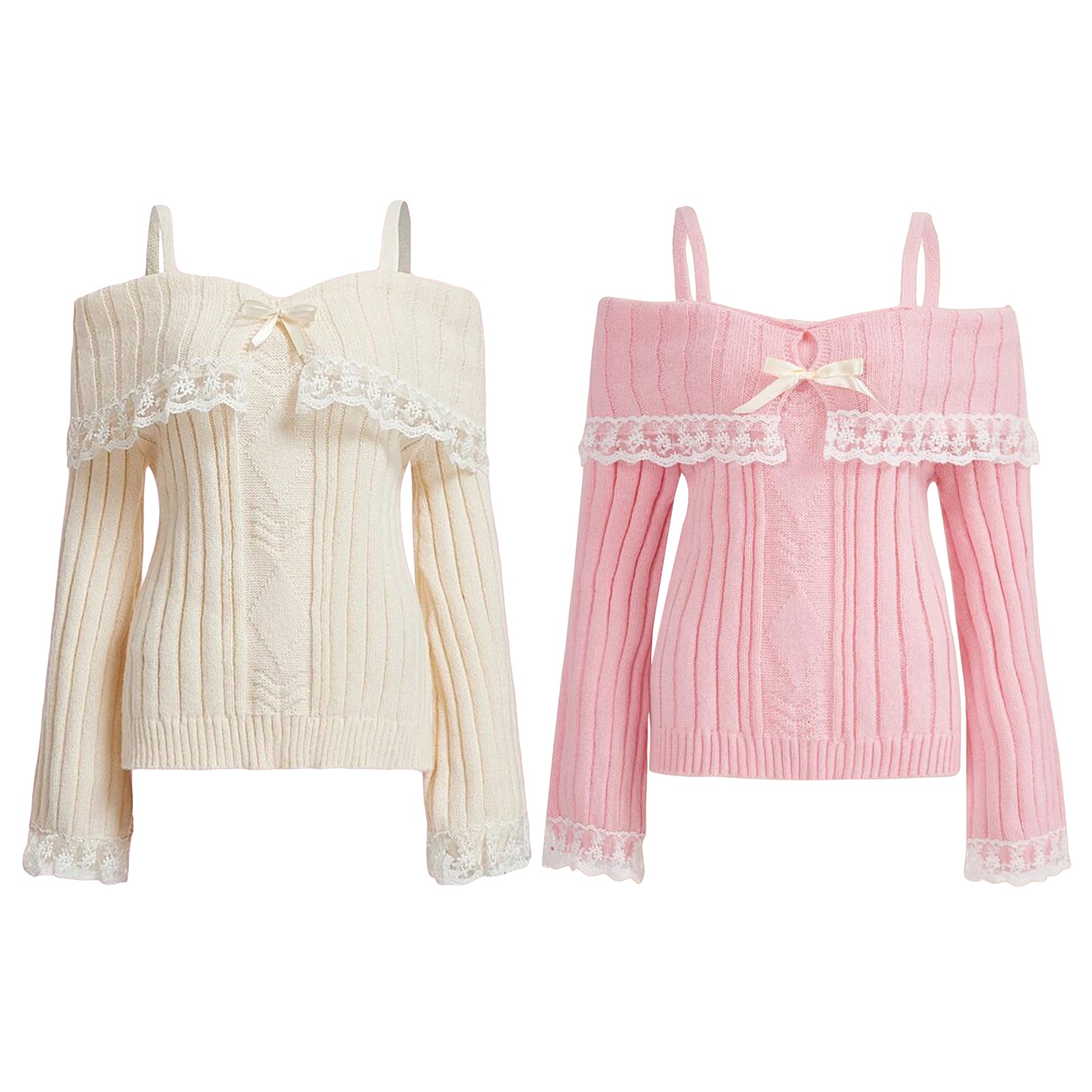 Grunge Women Off Shoulder Knit Sweater Pink Pullover Sweet Pullovers  Long Sleeve Bow Lace Patchwork Jumpers Y2k Streetwear