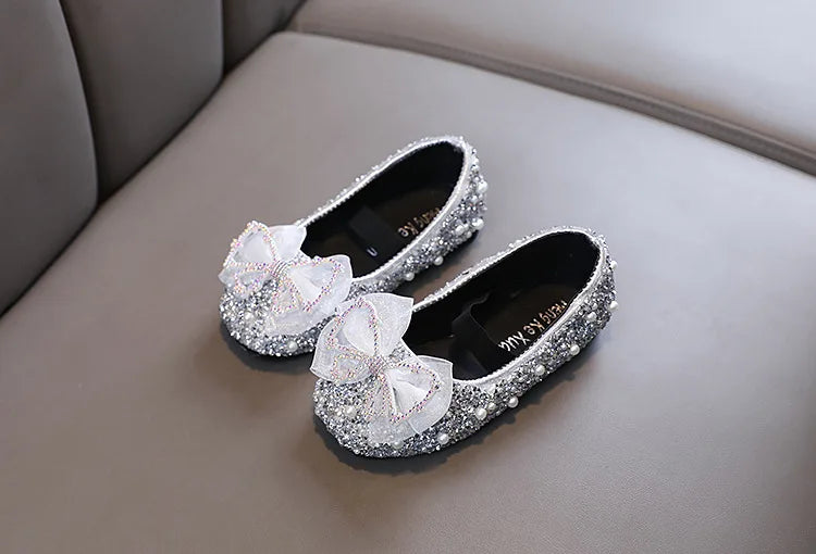 Girls Princess Shoes Glitter Luxury Party Shallow Children Ballet Flats 21-36 Elastic Band Fashion Lace Bowknot Kids Dance Shoes