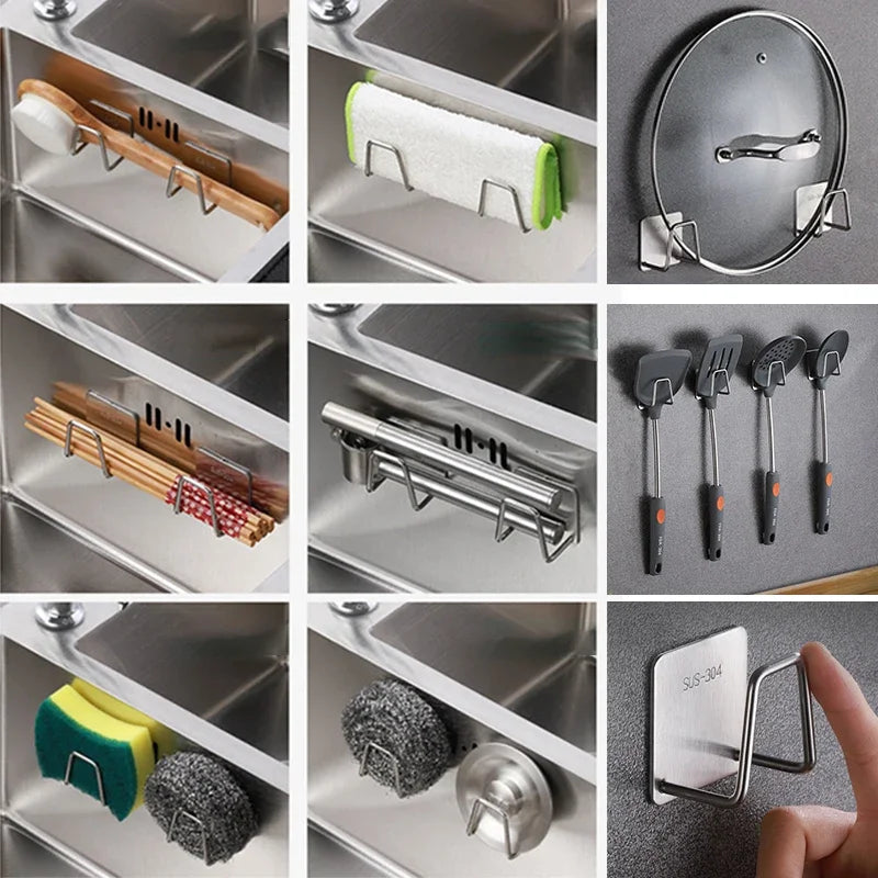 Kitchen Wall Hooks Accessories Storage Organizer Self Adhesive Drain Drying Rack Stainless Steel Sink Sponges Holder