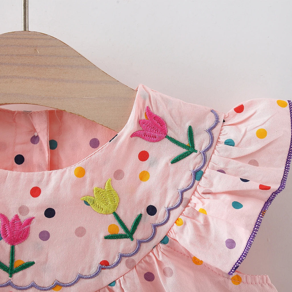 Cotton Baby Dress Flower Embroidery Comfortable Baby Dress Colorful Polka Dot Printed Dress