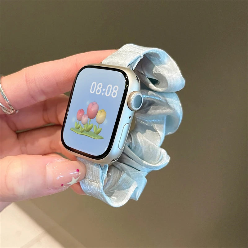 INS Chiffon Ice Silk Elastic Scrunchie Strap For Apple Watch 7 8 6 5 4 Slim Girl Band Loop Bracelet For iWatch 41mm 40 44 45 49