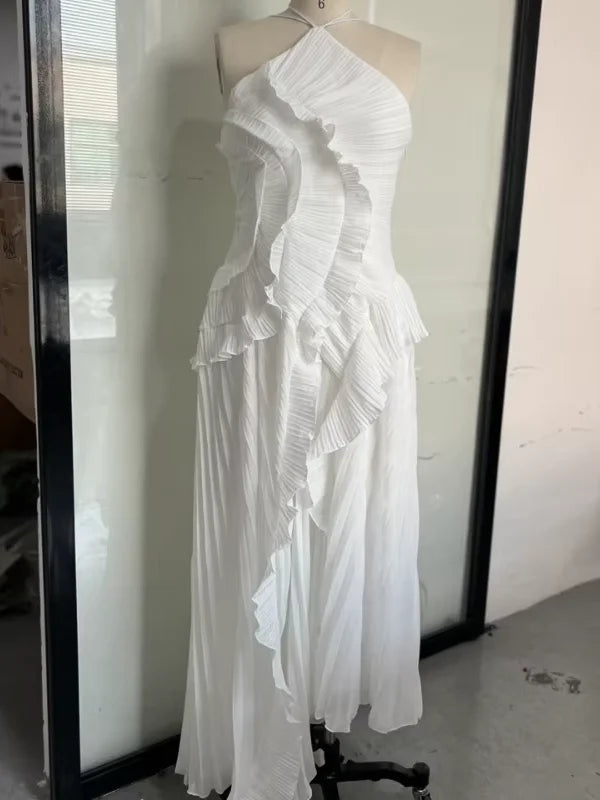 Elegant Neck Strap Ruffles Evening Gown Solid Folds A Line Lace Up Backless Sexy Party Dress 2025 New Party  Vacation Y2k Robe