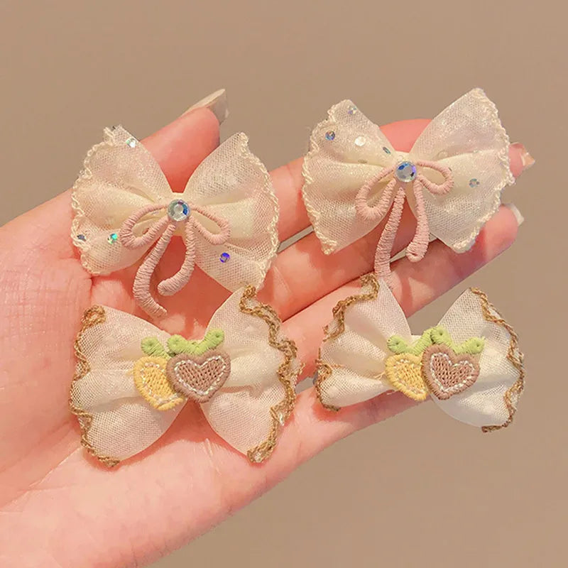 2PCS/Set Kids Headdress Sided Clips Lace Embroidery Flower Bow Hair Clips for Baby Girl Sweet Bowknot Princess Barrettes Hairpin