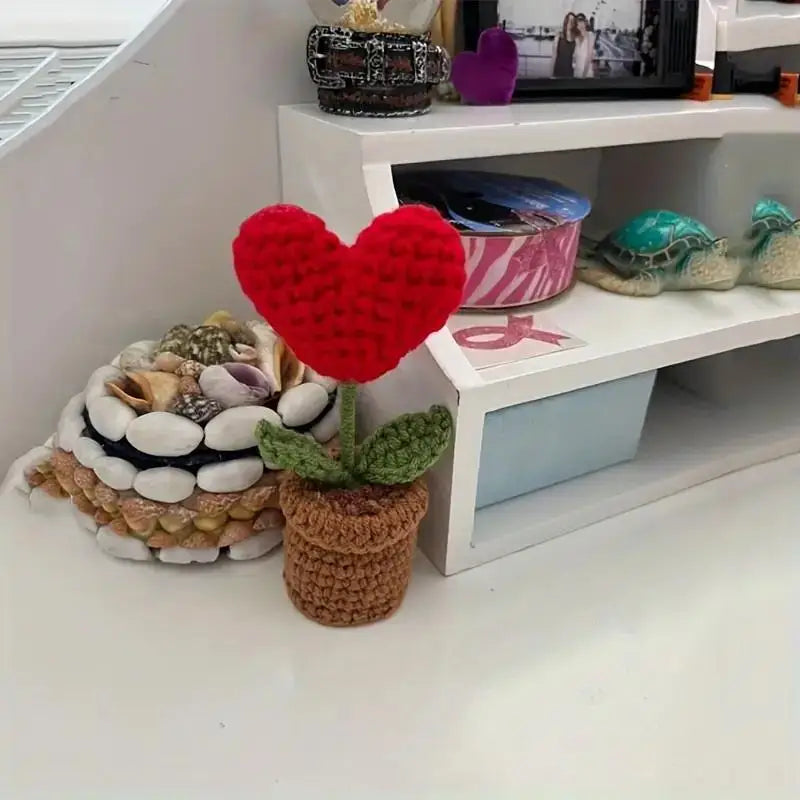 1-3pcs Handmade Knitted Flower Pot Red Heart Shaped Fake Plant Christmas Valentine's Day Mothers Day Gift Home Table Decoration