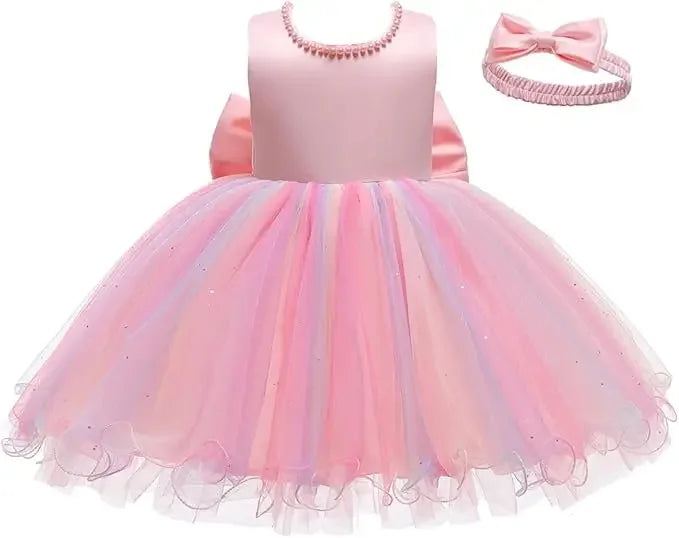 Baby Dresses For 1st Birthday Girls Party Dresses with Headwear Bowknot Toddler Girl Princess Dress Backless Kids Wedding Dress
