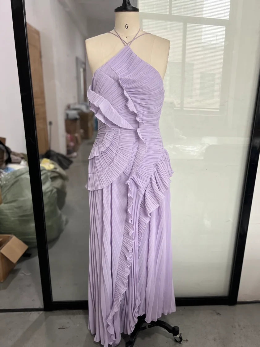 Elegant Neck Strap Ruffles Evening Gown Solid Folds A Line Lace Up Backless Sexy Party Dress 2025 New Party  Vacation Y2k Robe