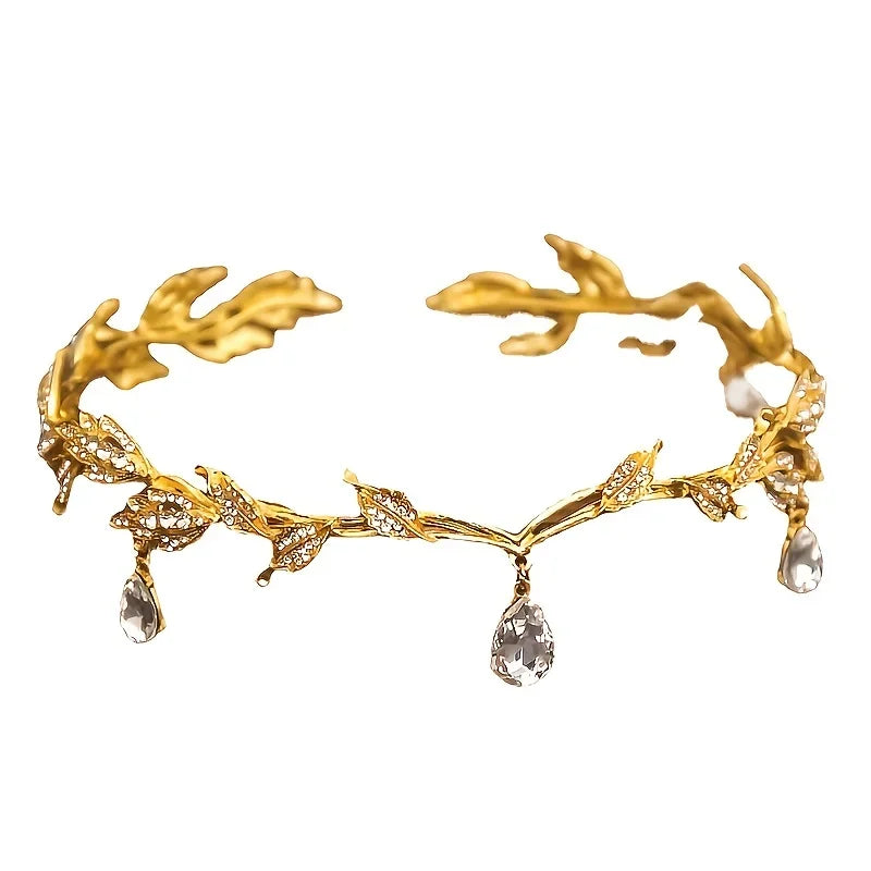 Vintage Crystal Rhinestone Waterdrop Leaf Tiara Crown Headband Wedding Hair Accessories Frontlet Bridesmaid Bridal Hair Jewelry