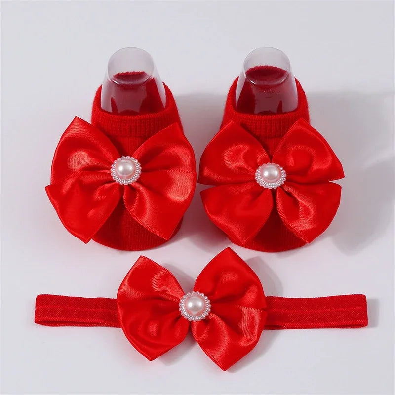 Baby Pearl Bow Solid Color Floor Socks Newborn Infant Knitted Breathable Socks Sweet Cute Girls Princess Children Birthday Gifts