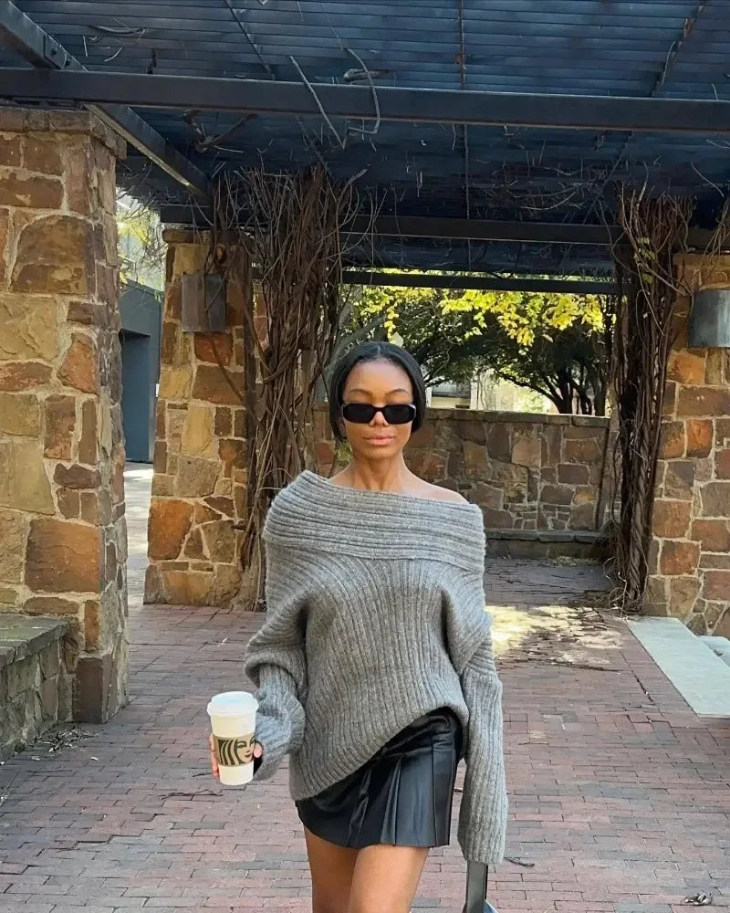 Tuularose Women's Off-Shoulder Sweater Fashion Loose Casual Brown Retro Pullover Spring High Street Office Lady Tops Knitwear