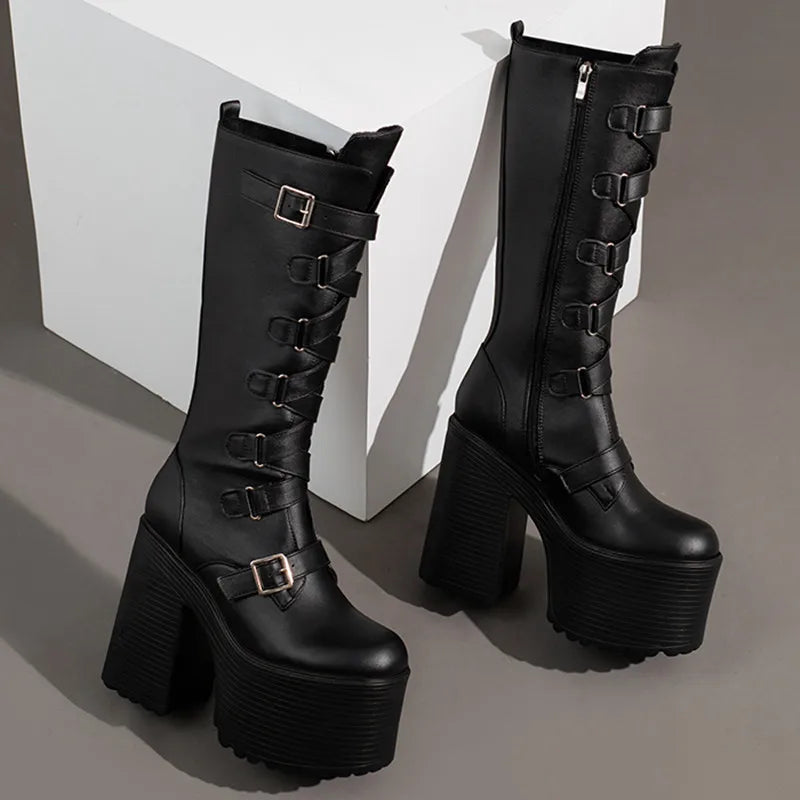Platform Knee High Boots Women Autumn Winter Punk High Heels Zipper Black White Boot Sexy Buckle Party Goth Shoes Large Size