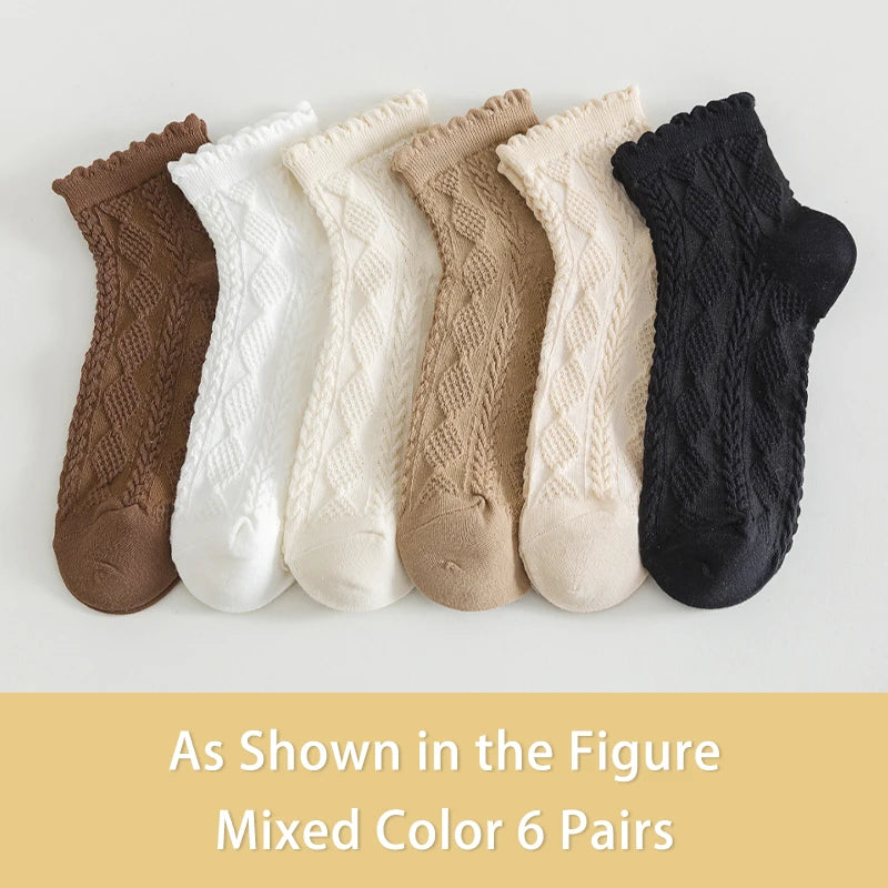 6 Pair Women Is Summer Thin Gradient Solid Cotton Simple Sweet Cute Socks Comfortable Wood Ear Edge Lolita Fashion Wear