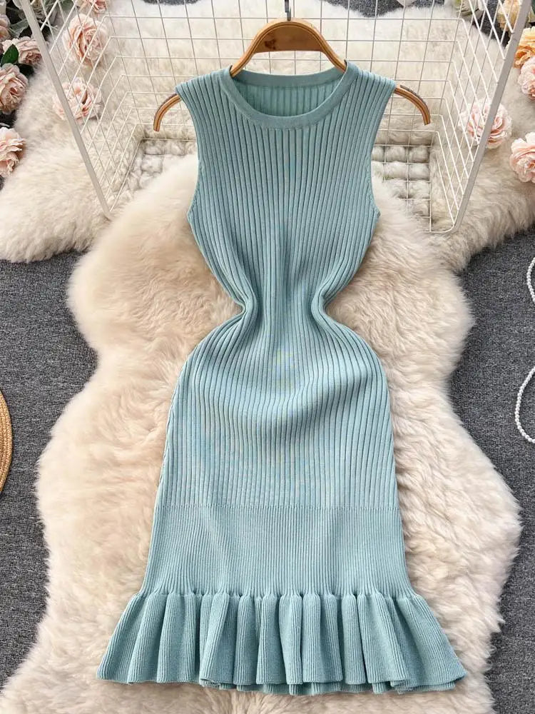 2025 Early Autumn Sexy Package Hips Ruffles Mini Dress Summer Fashion Y2K Knitted Bodycon Ladies Dress Korean Party Vestidos