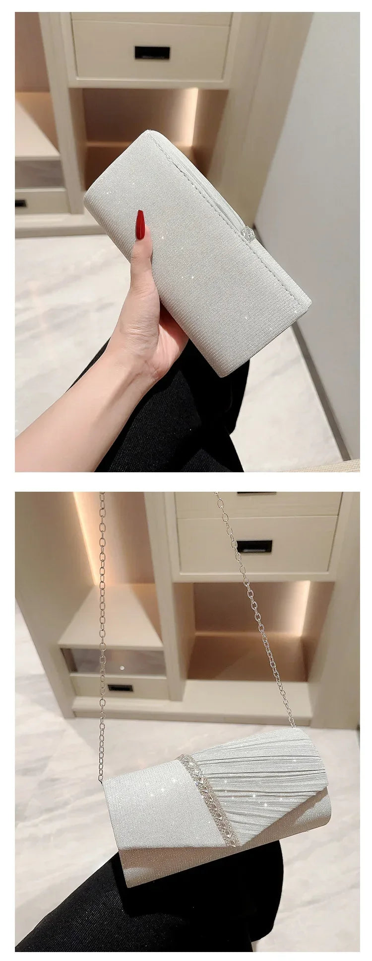 Wedding Party Handbag Ladies Glitter Silver Clutch Bag Envelope Evening Bag Fashion Elegant Long Purse Women Chain Shoulder Bags