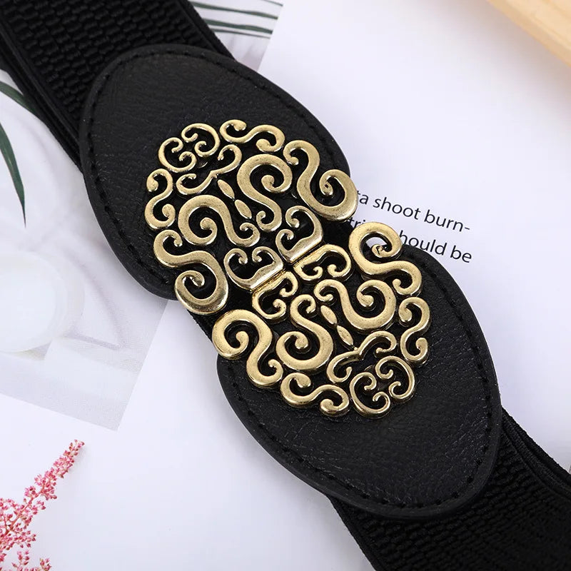 Korean Fashion Ladies Rose buckle Decorated Elastic Wide Belt Buckle Dress Sweater Sweater Waist Belt for Woman
