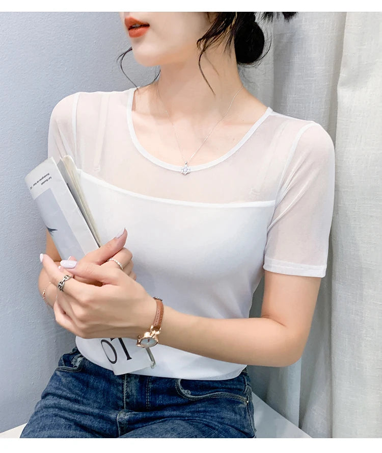 Summer New round Ne ort Sve Me Base irt Sexy Dance Inner Wear Slimming  Color Top Thin T-irt Casual Sle