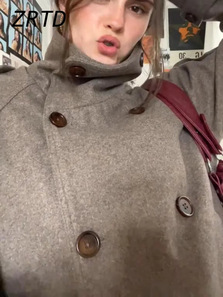 Elegant Women's Short Woolen Coats Stand Collar Double Breasted Long Sleeve Female Jacket 2025 Autumn Winter Lady Warm Outwear