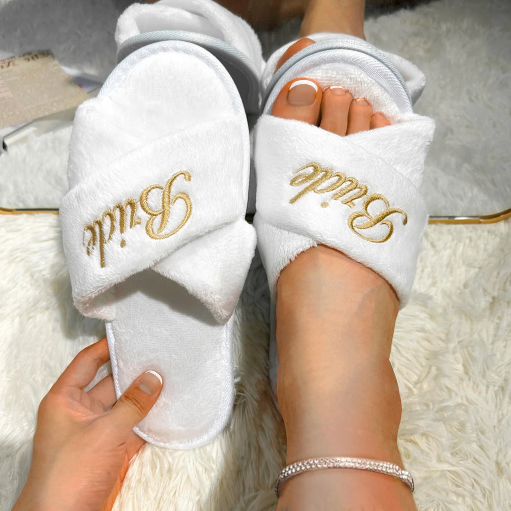 Wedding Party Guests Home Slip-on Letter Print Shoes, For Bride And Bachelorettes Bridal Party Cross Strap Slippers