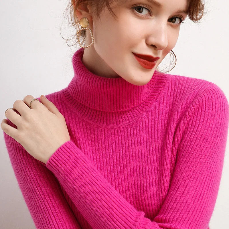 Autumn and winter new Korean slim fit women's pullover sweater knitted sweater pull up women's high neck sweater women