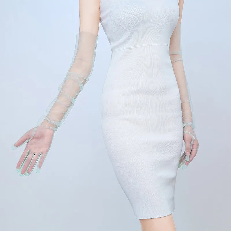 Women Long Sheer Tulle Gloves for Bridal Wedding Accessories Party Transparent Finger Gloves